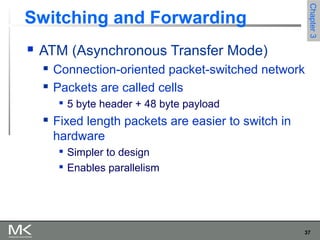 37
Chapter3Chapter3
Switching and Forwarding
 ATM (Asynchronous Transfer Mode)
 Connection-oriented packet-switched network
 Packets are called cells

5 byte header + 48 byte payload
 Fixed length packets are easier to switch in
hardware

Simpler to design

Enables parallelism
 