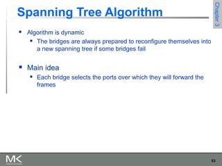 53
Chapter3Chapter3
Spanning Tree Algorithm
 Algorithm is dynamic
 The bridges are always prepared to reconfigure themselves into
a new spanning tree if some bridges fail
 Main idea
 Each bridge selects the ports over which they will forward the
frames
 