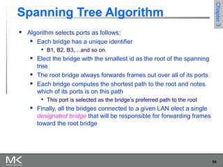 54
Chapter3Chapter3
Spanning Tree Algorithm
 Algorithm selects ports as follows:
 Each bridge has a unique identifier

B1, B2, B3,…and so on.
 Elect the bridge with the smallest id as the root of the spanning
tree
 The root bridge always forwards frames out over all of its ports
 Each bridge computes the shortest path to the root and notes
which of its ports is on this path

This port is selected as the bridge’s preferred path to the root
 Finally, all the bridges connected to a given LAN elect a single
designated bridge that will be responsible for forwarding frames
toward the root bridge
 