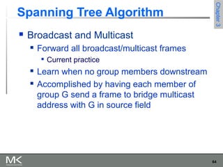 64
Chapter3Chapter3
Spanning Tree Algorithm
 Broadcast and Multicast
 Forward all broadcast/multicast frames

Current practice
 Learn when no group members downstream
 Accomplished by having each member of
group G send a frame to bridge multicast
address with G in source field
 