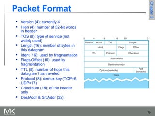 70
Chapter3Chapter3
Packet Format
 Version (4): currently 4
 Hlen (4): number of 32-bit words
in header
 TOS (8): type of service (not
widely used)
 Length (16): number of bytes in
this datagram
 Ident (16): used by fragmentation
 Flags/Offset (16): used by
fragmentation
 TTL (8): number of hops this
datagram has traveled
 Protocol (8): demux key (TCP=6,
UDP=17)
 Checksum (16): of the header
only
 DestAddr & SrcAddr (32)
 