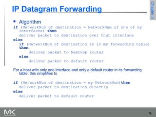 76
Chapter3Chapter3
IP Datagram Forwarding
 Algorithm
if (NetworkNum of destination = NetworkNum of one of my
interfaces) then
deliver packet to destination over that interface
else
if (NetworkNum of destination is in my forwarding table)
then
deliver packet to NextHop router
else
deliver packet to default router
For a host with only one interface and only a default router in its forwarding
table, this simplifies to
if (NetworkNum of destination = my NetworkNum)then
deliver packet to destination directly
else
deliver packet to default router
 