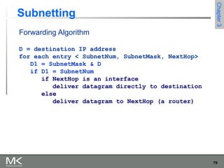 79
Chapter3Chapter3
Subnetting
Forwarding Algorithm
D = destination IP address
for each entry < SubnetNum, SubnetMask, NextHop>
D1 = SubnetMask & D
if D1 = SubnetNum
if NextHop is an interface
deliver datagram directly to destination
else
deliver datagram to NextHop (a router)
 