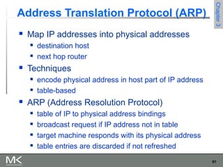 91
Chapter3Chapter3
Address Translation Protocol (ARP)
 Map IP addresses into physical addresses
 destination host
 next hop router
 Techniques
 encode physical address in host part of IP address
 table-based
 ARP (Address Resolution Protocol)
 table of IP to physical address bindings
 broadcast request if IP address not in table
 target machine responds with its physical address
 table entries are discarded if not refreshed
 