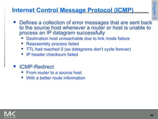 96
Chapter3Chapter3
Internet Control Message Protocol (ICMP)
 Defines a collection of error messages that are sent back
to the source host whenever a router or host is unable to
process an IP datagram successfully
 Destination host unreachable due to link /node failure
 Reassembly process failed
 TTL had reached 0 (so datagrams don't cycle forever)
 IP header checksum failed
 ICMP-Redirect
 From router to a source host
 With a better route information
 