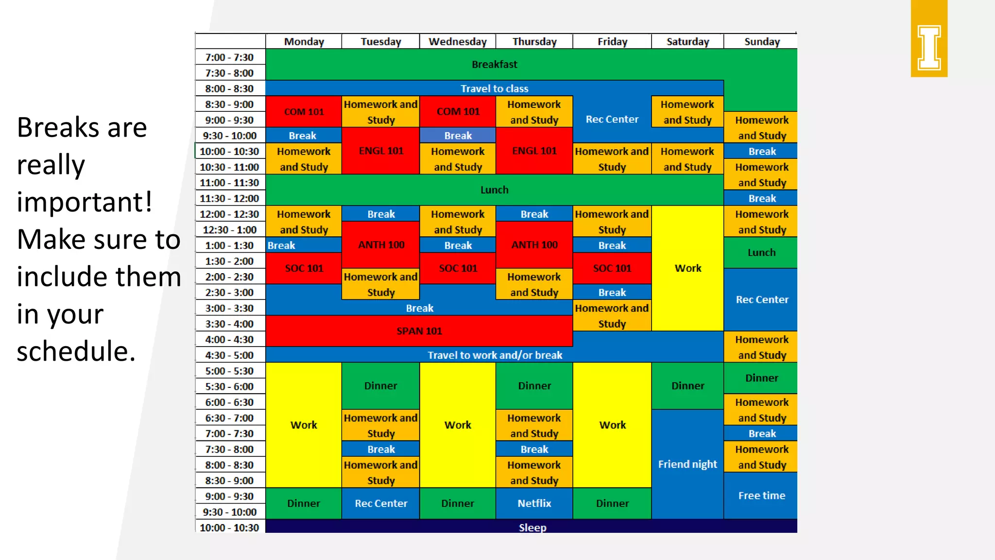 Breaks are
really
important!
Make sure to
include them
in your
schedule.
 