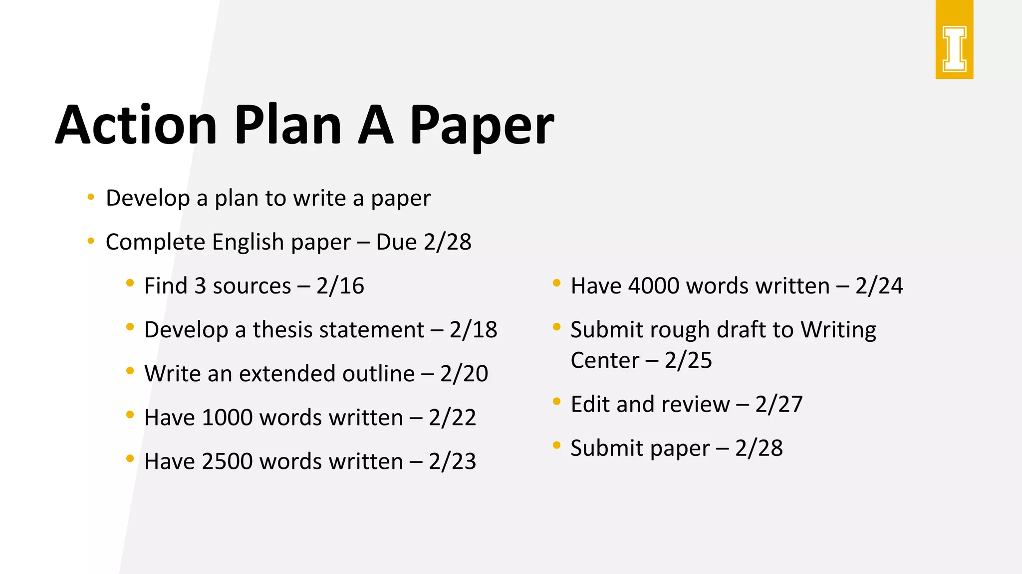 Action Plan A Paper
• Develop a plan to write a paper
• Complete English paper – Due 2/28
• Find 3 sources – 2/16
• Develop a thesis statement – 2/18
• Write an extended outline – 2/20
• Have 1000 words written – 2/22
• Have 2500 words written – 2/23
• Have 4000 words written – 2/24
• Submit rough draft to Writing
Center – 2/25
• Edit and review – 2/27
• Submit paper – 2/28
 