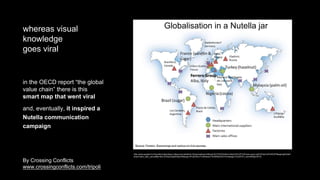 http://www.google.fr/url?sa=t&rct=j&q=&esrc=s&source=web&cd=1&cad=rja&uact=8&ved=0CCEQFjAA&url=http%3A%2F%2Fwww.oecd.org%2Fdac%2Faft%2FMappingGlobalV
alueChains_web_usb.pdf&ei=BxLGVKjzC8zjaNX0gOAB&usg=AFQjCNGJvTrd4A4pwLFNC6f9kyDUIm7wrw&sig2=CUbAFDV_lywc4fSNgVA41Q
Globalisation in a Nutella jarwhereas visual
knowledge
goes viral
in the OECD report “the global
value chain” there is this
smart map that went viral
and, eventually, it inspired a
Nutella communication
campaign
By Crossing Conflicts
www.crossingconflicts.com/tripoli
 