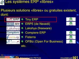 Mohamed Louadi, PhD Tunis mlouadi@louadi.com101
Les systèmes ERP «libres»
Plusieurs solutions «libres» ou gratuites existent,
dont:
Tiny ERP
ERP5 (de Nexedi)
Lakshya (freeware)
Compiere ERP
Fisterra
OFBiz (Open For Business)
etc.
Voir http://www.entreprise-erp.com/articles/erp-open-source.html
 