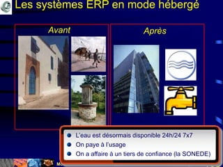 Mohamed Louadi, PhD Tunis mlouadi@louadi.com108
Avant Après
Les systèmes ERP en mode hébergé
L’eau est désormais disponible 24h/24 7x7
On paye à l’usage
On a affaire à un tiers de confiance (la SONEDE)
 