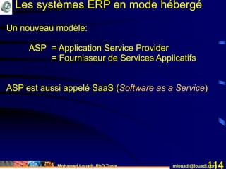 Mohamed Louadi, PhD Tunis mlouadi@louadi.com114
Un nouveau modèle:
ASP
Un nouveau modèle:
ASP = Application Service Provider
Un nouveau modèle:
ASP = Application Service Provider
= Fournisseur de Services Applicatifs
Un nouveau modèle:
ASP = Application Service Provider
= Fournisseur de Services Applicatifs
Les systèmes ERP en mode hébergé
Un nouveau modèle:
ASP = Application Service Provider
= Fournisseur de Services Applicatifs
ASP est aussi appelé SaaS (Software as a Service)
 