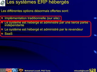 Mohamed Louadi, PhD Tunis mlouadi@louadi.com128
Les systèmes ERP hébergés
Les différentes options désormais offertes sont:
Implémentation traditionnelle (sur site)
Le système est hébergé et administré par une tierce partie
indépendante
Le système est hébergé et administré par le revendeur
SaaS
 