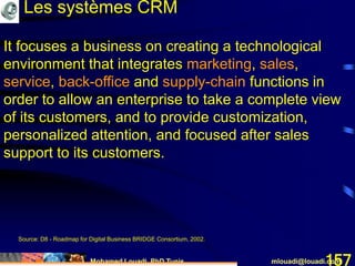Mohamed Louadi, PhD Tunis mlouadi@louadi.com157
It focuses a business on creating a technological
environment that integrates marketing, sales,
service, back-office and supply-chain functions in
order to allow an enterprise to take a complete view
of its customers, and to provide customization,
personalized attention, and focused after sales
support to its customers.
Source: D8 - Roadmap for Digital Business BRIDGE Consortium, 2002.
Les systèmes CRM
 