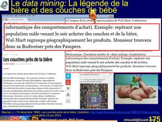 Mohamed Louadi, PhD Tunis mlouadi@louadi.com175
Mauriac, L. (10 décembre 1998). Les couches près de la bière, Libération, http://www.liberation.fr/economie/1998/12/10/les-couches-
pres-de-la-biere_255694, consulté le 10 juin 2014.
Le data mining: La légende de la
bière et des couches de bébé
 