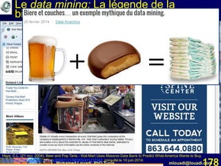 Mohamed Louadi, PhD Tunis mlouadi@louadi.com178
Le data mining: La légende de la
bière et des couches de bébé
Hays, C.L. (21 nov. 2004). Beer and Pop Tarts - Wal-Mart Uses Massive Data Bank to Predict What America Wants to Buy,
http://www.theledger.com/article/20041121/NEWS/411210344, consulté le 10 juin 2014.
 
