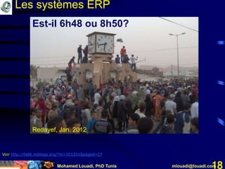 Mohamed Louadi, PhD Tunis mlouadi@louadi.com18
Est-il 6h48 ou 8h50?
Redayef, Jan. 2012
Les systèmes ERP
Voir http://fa86.noblogs.org/?m=201201&paged=27
 