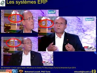 Mohamed Louadi, PhD Tunis mlouadi@louadi.com19
De l’émission «Liman yajroo fakat» diffusée sur la chaine TV Attounissya (Tunis) le dimanche 8 juin 2014.
Les systèmes ERP
 