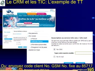 Mohamed Louadi, PhD Tunis mlouadi@louadi.com195
Ou: envoyez code client No. GSM No. fixe au 85717
Le CRM et les TIC: L’exemple de TT
 