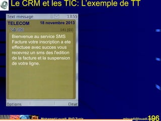 Mohamed Louadi, PhD Tunis mlouadi@louadi.com196
Bienvenue au service SMS
Facture votre inscription a ete
effectuee avec succes vous
recevrez un sms des l'edition
de la facture et la suspension
de votre ligne.
TELECOM 18 novembre 2013
Le CRM et les TIC: L’exemple de TT
 