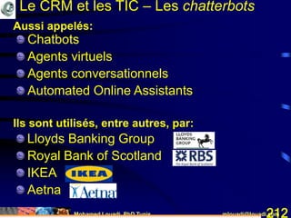 Mohamed Louadi, PhD Tunis mlouadi@louadi.com212
Aussi appelés:
Chatbots
Agents virtuels
Agents conversationnels
Automated Online Assistants
Ils sont utilisés, entre autres, par:
Lloyds Banking Group
Royal Bank of Scotland
IKEA
Aetna
Le CRM et les TIC – Les chatterbots
 