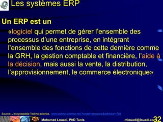 Mohamed Louadi, PhD Tunis mlouadi@louadi.com32
Un ERP est un
«logiciel qui permet de gérer l’ensemble des
processus d’une entreprise, en intégrant
l’ensemble des fonctions de cette dernière comme
la GRH, la gestion comptable et financière, l’aide à
la décision, mais aussi la vente, la distribution,
l’approvisionnement, le commerce électronique»
Un ERP est un
«logiciel qui permet de gérer l’ensemble des
processus d’une entreprise, en intégrant
l’ensemble des fonctions de cette dernière comme
la GRH, la gestion comptable et financière, l’aide à
la décision, mais aussi la vente, la distribution,
l’approvisionnement, le commerce électronique»
Source: L’encyclopédie Techno-science, www.techno-science.net/?onglet=glossaire&definition=769
Les systèmes ERP
 