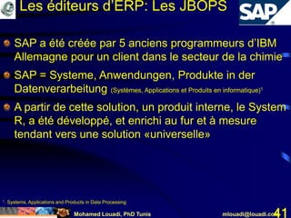 Mohamed Louadi, PhD Tunis mlouadi@louadi.com41
SAP a été créée par 5 anciens programmeurs d’IBM
Allemagne pour un client dans le secteur de la chimie
SAP = Systeme, Anwendungen, Produkte in der
Datenverarbeitung (Systèmes, Applications et Produits en informatique)1
A partir de cette solution, un produit interne, le System
R, a été développé, et enrichi au fur et à mesure
tendant vers une solution «universelle»
1. Systems, Applications and Products in Data Processing
Les éditeurs d’ERP: Les JBOPS
 