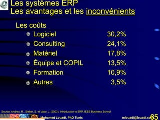 Mohamed Louadi, PhD Tunis mlouadi@louadi.com65
• Logiciel
• Consulting
• Matériel
• Équipe et COPIL
• Formation
• Autres
Les coûts
Source: Andreu, R., Sieber, S. et Valor, J. (2003). Introduction to ERP, IESE Business School.
30,2%
24,1%
17,8%
13,5%
10,9%
3,5%
Les systèmes ERP
Les avantages et les inconvénients
 