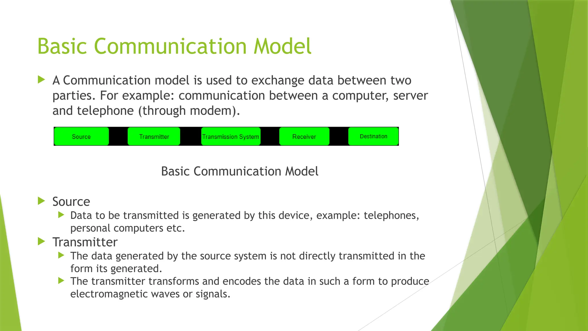 Basic Communication Model
 A Communication model is used to exchange data between two
parties. For example: communication between a computer, server
and telephone (through modem).
Basic Communication Model
 Source
 Data to be transmitted is generated by this device, example: telephones,
personal computers etc.
 Transmitter
 The data generated by the source system is not directly transmitted in the
form its generated.
 The transmitter transforms and encodes the data in such a form to produce
electromagnetic waves or signals.
 