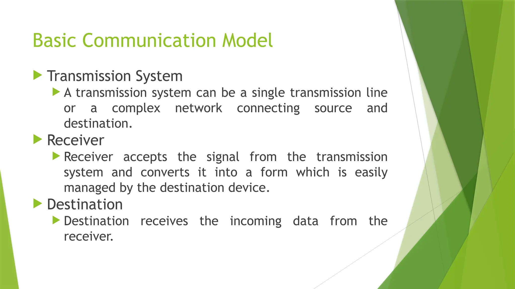Basic Communication Model
 Transmission System
 A transmission system can be a single transmission line
or a complex network connecting source and
destination.
 Receiver
 Receiver accepts the signal from the transmission
system and converts it into a form which is easily
managed by the destination device.
 Destination
 Destination receives the incoming data from the
receiver.
 