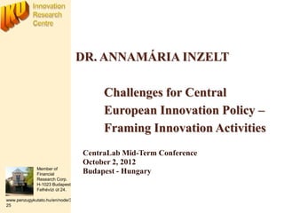 DR. ANNAMÁRIA INZELT

                                      Challenges for Central
                                      European Innovation Policy –
                                      Framing Innovation Activities
                                 CentraLab Mid-Term Conference
                                 October 2, 2012
              Member of
              Financial          Budapest - Hungary
              Research Corp.
              H-1023 Budapest,
              Felhévízi út 24.

www.penzugykutato.hu/en/node/3
25
 