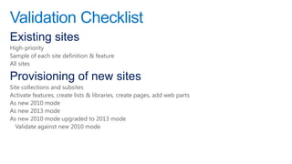 Validation Checklist
Existing sites
High-priority
Sample of each site definition & feature
All sites

Provisioning of new sites
Site collections and subsites
Activate features, create lists & libraries, create pages, add web parts
As new 2010 mode
As new 2013 mode
As new 2010 mode upgraded to 2013 mode
  Validate against new 2010 mode
 