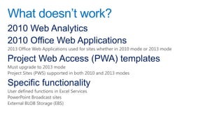 What doesn‟t work?
2010 Web Analytics
2010 Office Web Applications
2013 Office Web Applications used for sites whether in 2010 mode or 2013 mode

Project Web Access (PWA) templates
Must upgrade to 2013 mode
Project Sites (PWS) supported in both 2010 and 2013 modes

Specific functionality
User defined functions in Excel Services
PowerPoint Broadcast sites
External BLOB Storage (EBS)
 