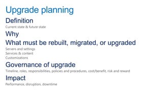 Upgrade planning
Definition
Current state & future state

Why
What must be rebuilt, migrated, or upgraded
Servers and settings
Services & content
Customizations

Governance of upgrade
Timeline, roles, responsibilities, policies and procedures, cost/benefit, risk and reward

Impact
Performance, disruption, downtime
 
