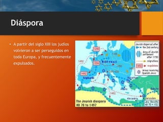 Diáspora
• A partir del siglo XIII los judíos
volvieron a ser perseguidos en
toda Europa, y frecuentemente
expulsados.
 