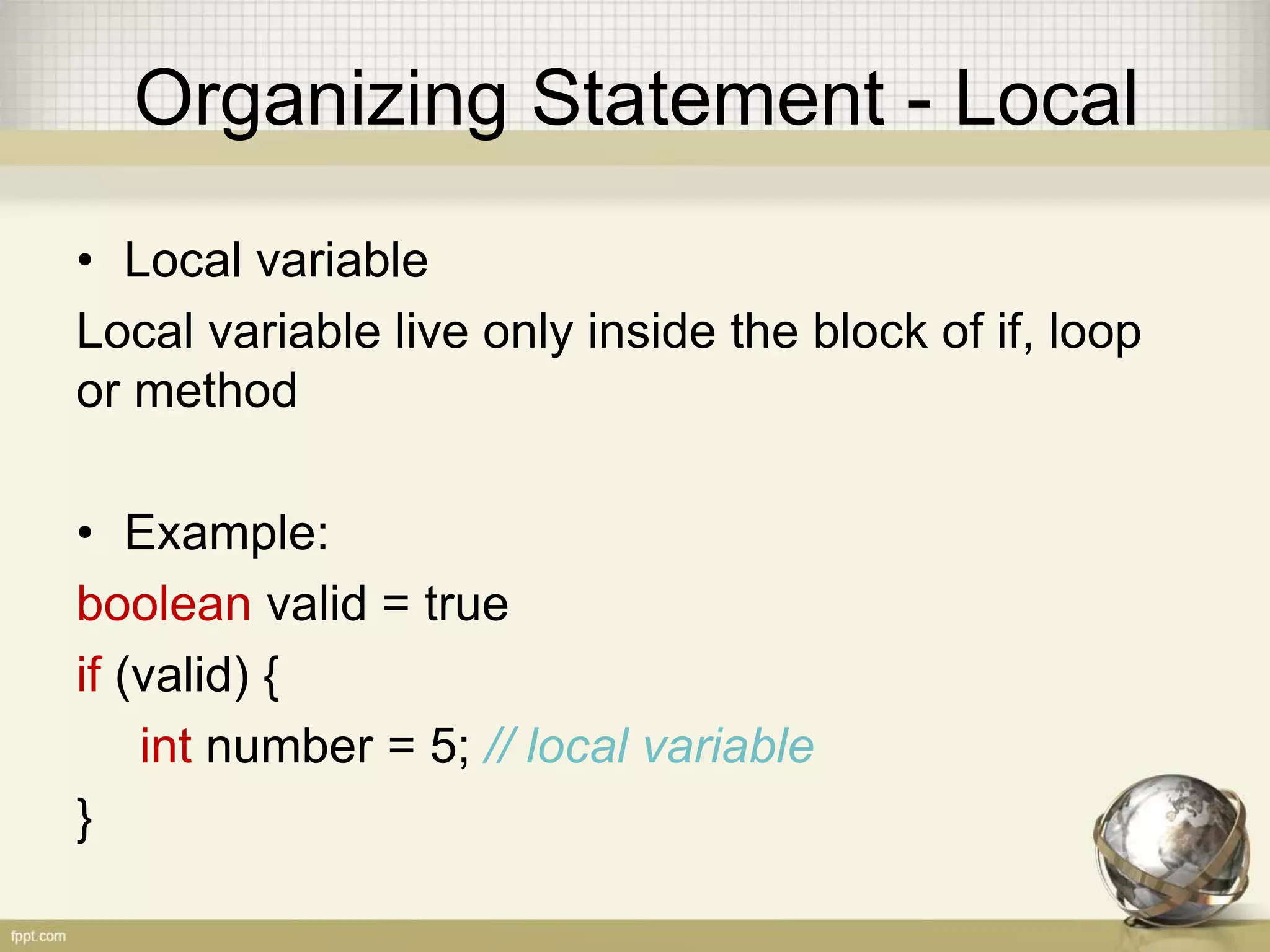 Import Full Name
• Using full name example:
package id.ac.istb.javatraining
public class TestImport {
java.util.Scanner scan = new java.util.Scanner(System.in);
}
 