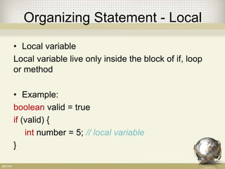 Import Full Name
• Using full name example:
package id.ac.istb.javatraining
public class TestImport {
java.util.Scanner scan = new java.util.Scanner(System.in);
}
 