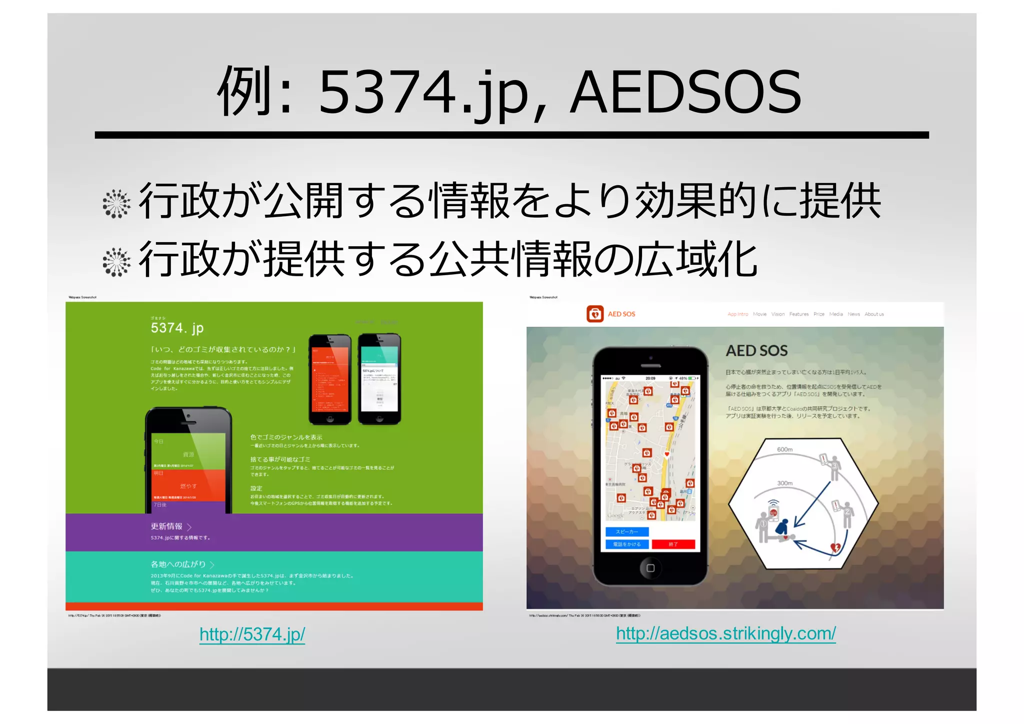 例例:  5374.jp,  AEDSOS
⾏行行政が公開する情報をより効果的に提供
⾏行行政が提供する公共情報の広域化
http://aedsos.strikingly.com/http://5374.jp/
 