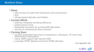 • Done
• fully function IO path with checksums and compression
• fsck
• bitmap-based allocator and freelist
• Current efforts
• optimize metadata encoding efficiency
• performance tuning
• ZetaScale key/value db as RocksDB alternative
• bounds on compressed blob occlusion
• Coming Soon
• per-pool properties that map to compression, checksum, IO hints more
performance optimization
• native SMR support high density HDD
• Leverage SPDK (Bypass kernel for NVMe devices)
From Sage 06/21 Talk
BlueStore Status
 