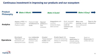 10Confidential
Continuous investment in improving our products and our ecosystem
Deploy a POC of a
Unified Analytics
Platform (UAP)Analytics
Operations
Opened
platform to
data
scientists
Deployed new
architecture to
scale
Integrations with
common
enterprise Apps,
data sources
Build “stockpile”
of well written
code for
common use
cases
Mass user
training, through
live & self-paced
course
Open to the
enterprise!
Developed
”Quantum” 1.0
framework and
deployment tools
Created
”inner-source”
model inside
enterprise
Built JSON-DSL
abstraction &
common code
libraries
Enable Spark 2.0,
structured streaming,
always-on streaming
operations
Spark on
Kubernetes for
unified dev-ops
Custom
application for
visually-editing
and testing jobs
Make it Work! Make it Scale! Make it Easy!Product
Philosophy
 