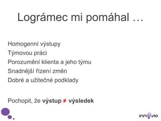 Lográmec mi pomáhal …
Homogenní výstupy
Týmovou práci
Porozumění klienta a jeho týmu
Snadnější řízení změn
Dobré a užitečné podklady
Pochopit, že výstup ≠ výsledek
 
