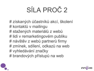 SÍLA PROČ 2
# získaných účastníků akcí, školení
# kontaktů v mailingu
# stažených materiálů z webů
# lidi v remarketingovém publiku
# návštěv z webů partnerů firmy
# zmínek, sdílení, odkazů na web
# vyhledávání značky
# brandových přístupů na web
 