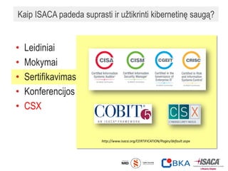Kaip ISACA padeda suprasti ir užtikrinti kibernetinę saugą?
• Leidiniai
• Mokymai
• Sertifikavimas
• Konferencijos
• CSX
http://www.isaca.org/CERTIFICATION/Pages/default.aspx
 