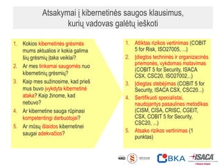 Atsakymai į kibernetinės saugos klausimus,
kurių vadovas galėtų ieškoti
1. Kokios kibernetinės grėsmės
mums aktualios ir kokia galima
šių grėsmių įtaka veiklai?
2. Ar mes tinkamai saugomės nuo
kibernetinių grėsmių?
3. Kaip mes sužinosime, kad prieš
mus buvo įvykdyta kibernetinė
ataka? Kaip žinome, kad
nebuvo?
4. Ar kibernetine sauga rūpinasi
kompetentingi darbuotojai?
5. Ar mūsų išlaidos kibernetinei
saugai adekvačios?
1. Atliktas rizikos vertinimas (COBIT
5 for Risk, ISO27005, ...)
2. Įdiegtos techninės ir organizacinės
priemonės, vykdomas matavimas
(COBIT 5 for Security, ISACA
CSX, CSC20, ISO27002...)
3. Įdiegtas stebėjimas (COBIT 5 for
Security, ISACA CSX, CSC20...)
4. Sertifikuoti specialistai,
naudojantys pasaulines metodikas
(CISM, CISA, CRISC, CGEIT,
CSX, COBIT 5 for Security,
CSC20, ...)
5. Atsako rizikos vertinimas (1
punktas)
 