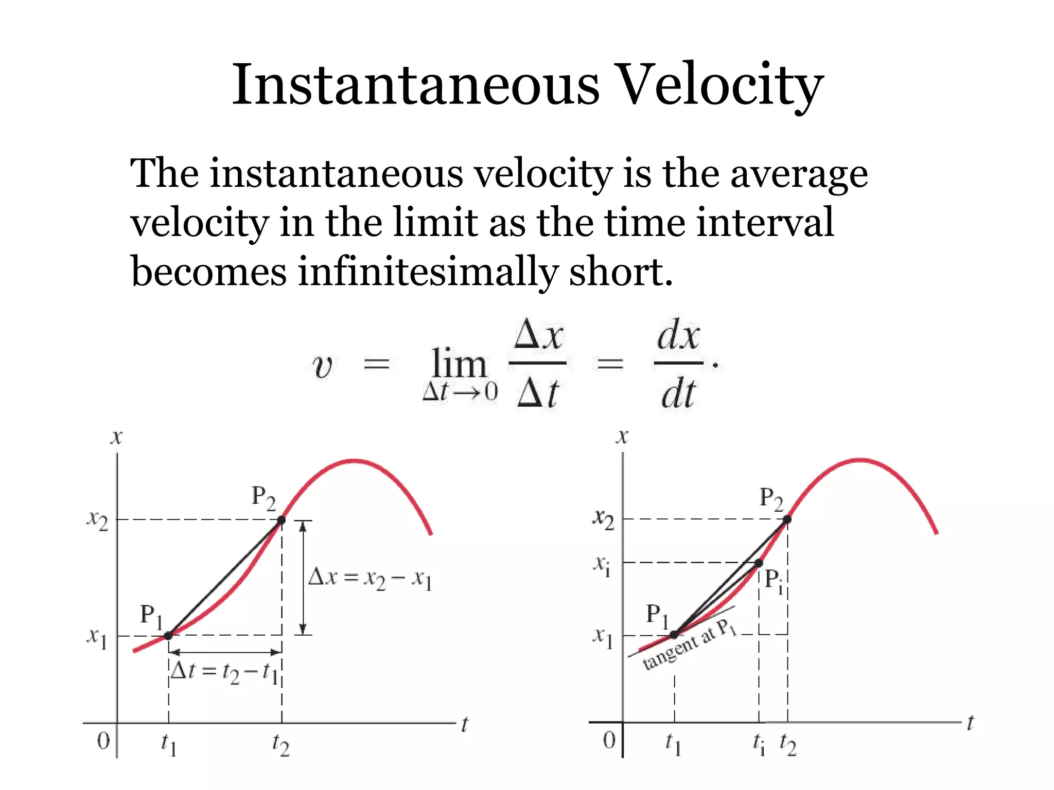 Instantaneous Velocity The instantaneous velocity is the average velocity in the limit as the time interval becomes infinitesimally short. 