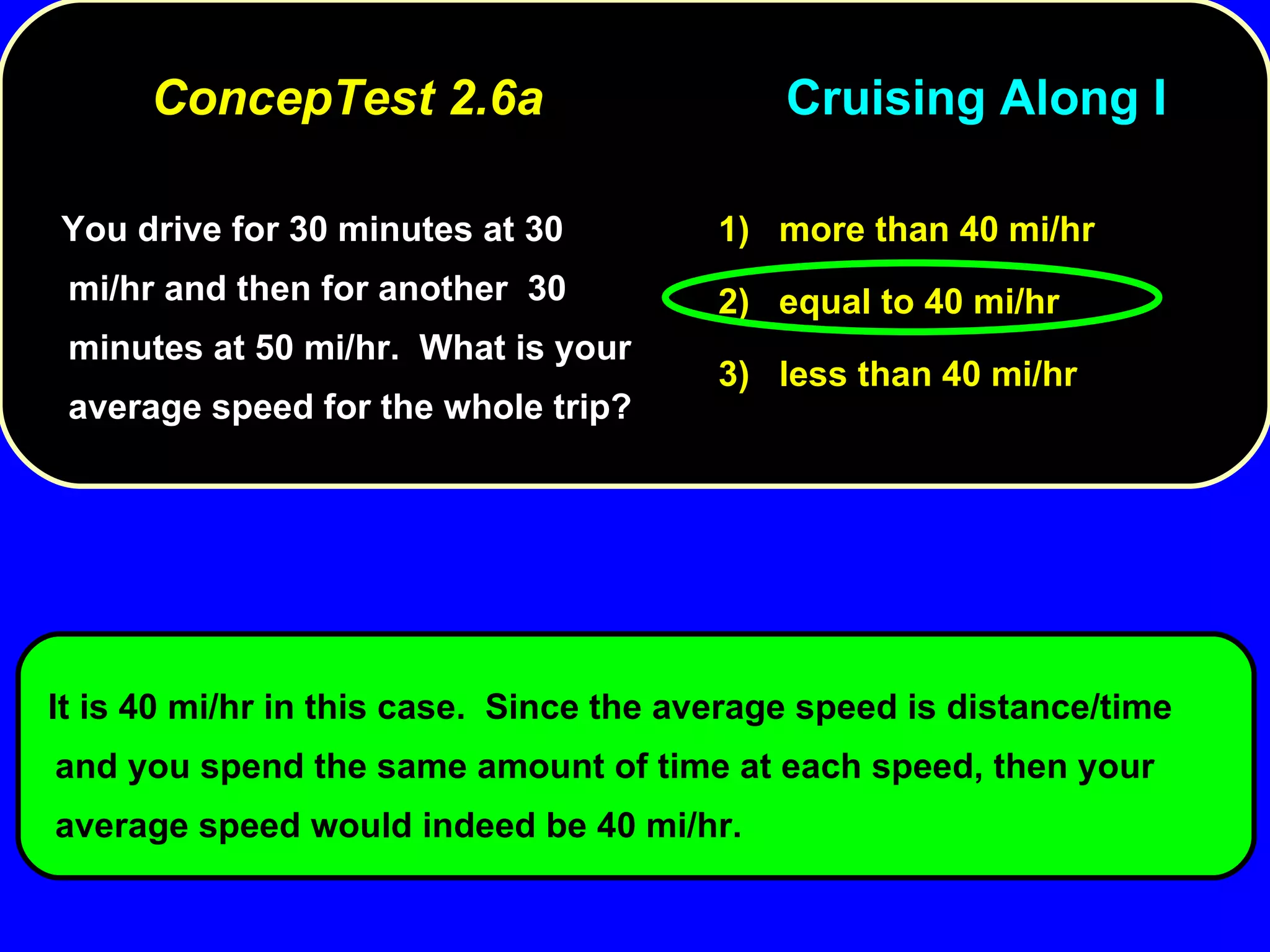 You drive for 30 minutes at 30 mi/hr and then for another  30 minutes at 50 mi/hr.  What is your average speed for the whole trip? 1)  more than 40 mi/hr 2)  equal to 40 mi/hr 3)  less than 40 mi/hr It is 40 mi/hr in this case.  Since the average speed is distance/time and you spend the same amount of time at each speed, then your average speed would indeed be 40 mi/hr. ConcepTest 2.6a  Cruising Along I 