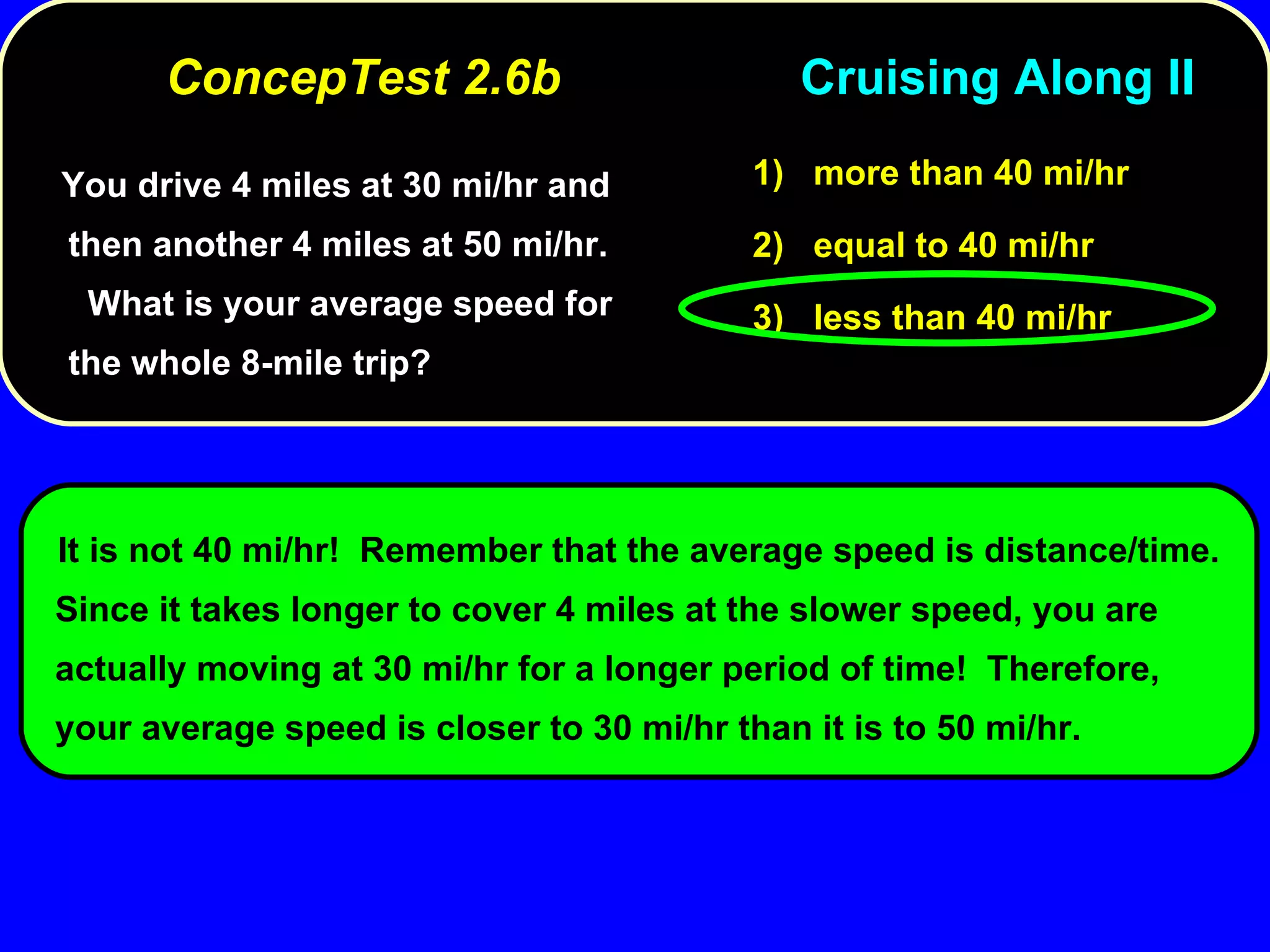 You drive 4 miles at 30 mi/hr and then another 4 miles at 50 mi/hr.  What is your average speed for the whole 8-mile trip? 1)  more than 40 mi/hr 2)  equal to 40 mi/hr 3)  less than 40 mi/hr It is not 40 mi/hr!  Remember that the average speed is distance/time.  Since it takes longer to cover 4 miles at the slower speed, you are actually moving at 30 mi/hr for a longer period of time!  Therefore, your average speed is closer to 30 mi/hr than it is to 50 mi/hr. ConcepTest 2.6b  Cruising Along II 