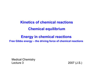 Medical Chemistry Lecture 3    2007 (J.S.) Kinetics of chemical reactions Chemical equilibrium Energy in chemical reactions Free Gibbs energy – the driving force of chemical reactions 