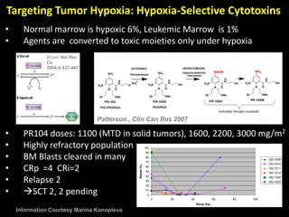 Targeting Tumor Hypoxia: Hypoxia-Selective Cytotoxins
• Normal marrow is hypoxic 6%, Leukemic Marrow is 1%
• Agents are converted to toxic moieties only under hypoxia
• PR104 doses: 1100 (MTD in solid tumors), 1600, 2200, 3000 mg/m2
• Highly refractory population
• BM Blasts cleared in many
• CRp =4 CRi=2
• Relapse 2
• SCT 2, 2 pending
Brown Nat Rev
Ca
2004;4;437-447
0
10
20
30
40
50
60
70
80
90
100
0 20 40 60 80 100
Study Day
Blasts(%)
183-1009
183-1010
183-1011
182-1014
182-1020
182-1023
Information Courtesy Marina Konopleva
Patterson., Clin Can Res 2007
 
