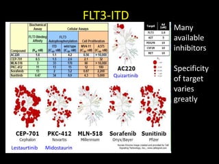 FLT3-ITD
Many
available
inhibitors
Specificity
of target
varies
greatly
Lestaurtinib Midostaurin
Quizartinib
 
