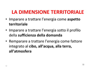 LA DIMENSIONE TERRITORIALE Imparare a trattare l’energia come  aspetto territoriale Imparare a trattare l’energia sotto il profilo della  sufficienza della domanda Remparare a trattare l’energia come fattore integrato al  cibo, all’acqua, alla terra, all’atmosfera   